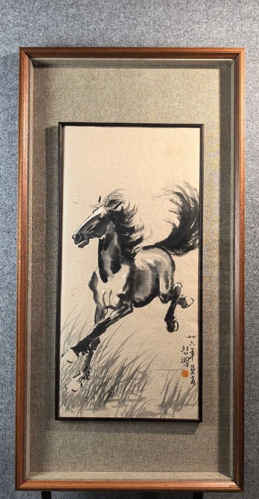 A Chinese Ink Painting of Horse on Paper With Frame: A Chinese Ink Painting of Horse on Paper With Frame Xu beihong Without frame Size:34cmx70cm (The Dimensions Of All Batches Are Manually Measured.If You Need More Detailed Information, Please Contact