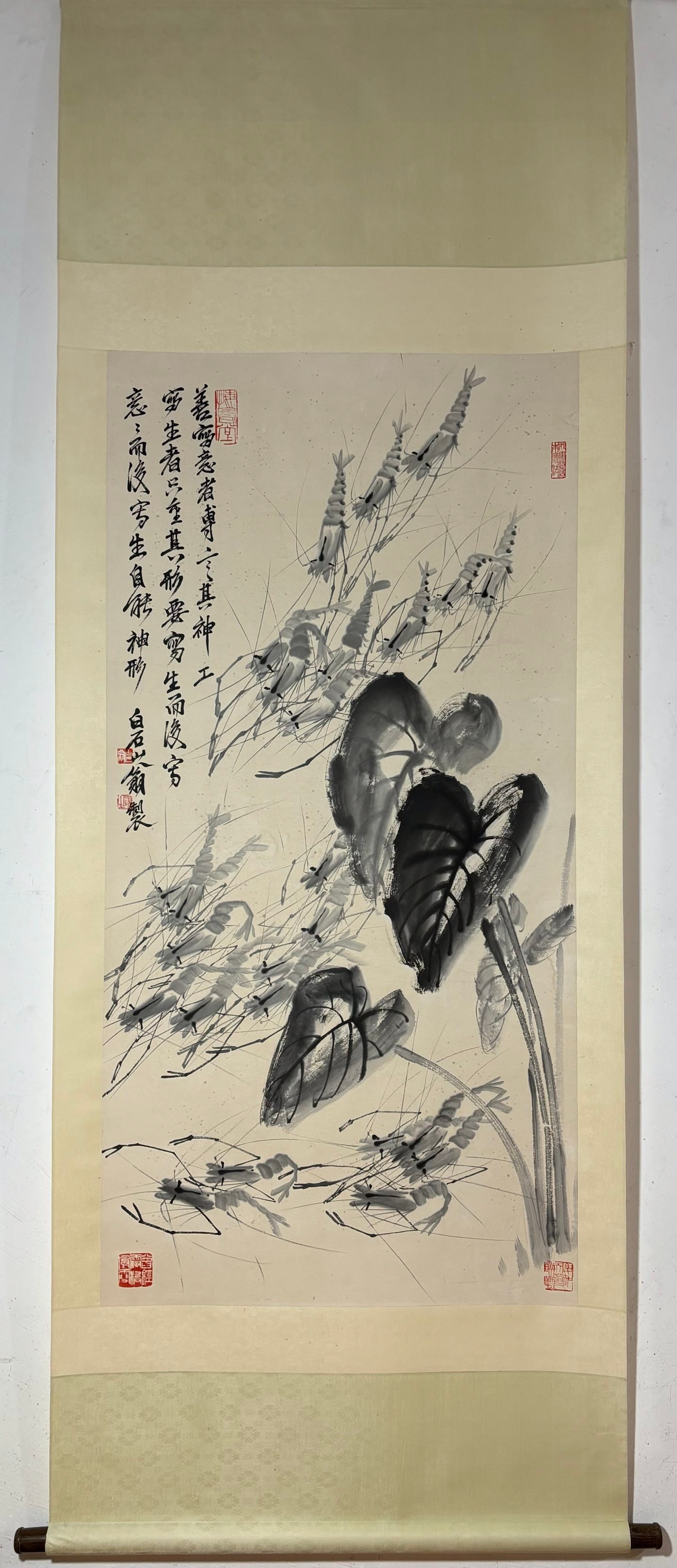 A Chinese Vertical Scroll Ink Painting of Shrimp on Paper (1 of 9)