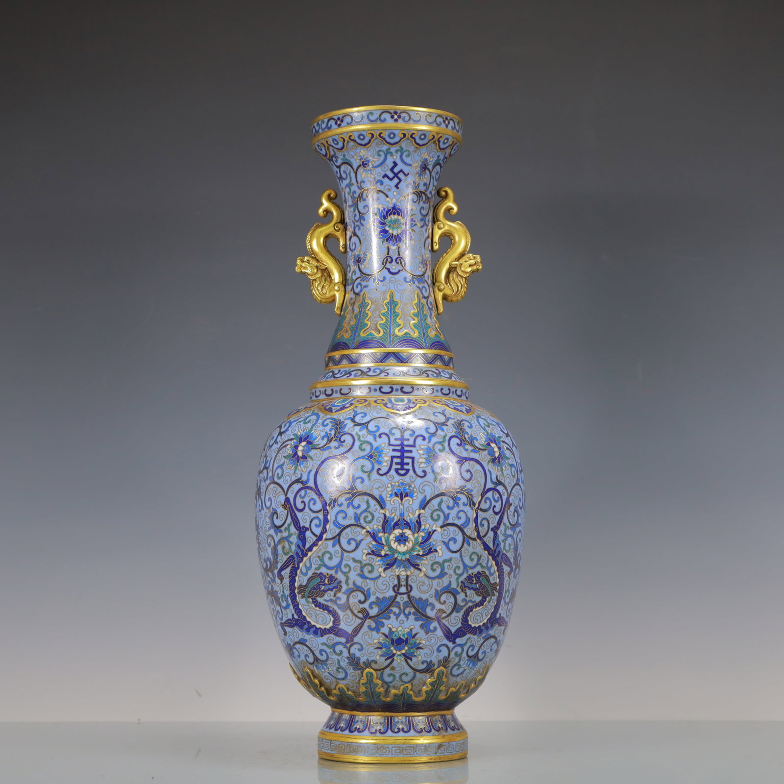 A Huge Cloisonne Lotus and Dragon Pattern Double-Ears Vase: A Huge Cloisonne Lotus and Dragon Pattern Double-Ears Vase Qing Dynasty China Qianlong Four-character Mark Size:17cmx46cm Weight:6900g (The Dimensions Of All Batches Are Manually Measured.If You Need