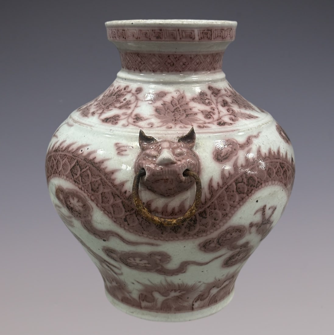 An Exquisite Blue and White Underglaze-Red Lotus Pattern Dragon Pattern Double-Ears Jar - 3