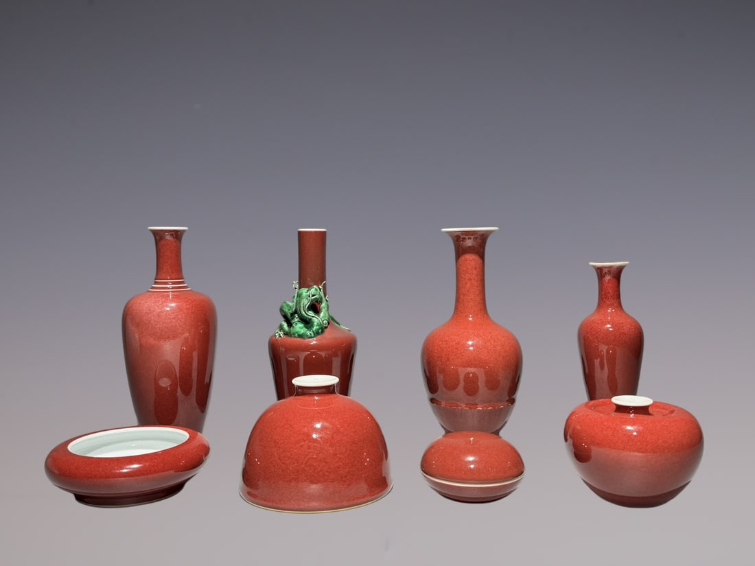 A Set of Fine PeachBloom-Glazed Brush Washer Box Jar Vase: A Set of Fine PeachBloom-Glazed Brush Washer Box Jar Vase Qing Dynasty, China Size:21.5cmx8.5cm Size:21cmx8.5cm Size:21cmx9.5cm Size:17.6cmx6cm Size:4.3cmx12.5cm Size:18cmx12.2cm Size:5cmx8cm