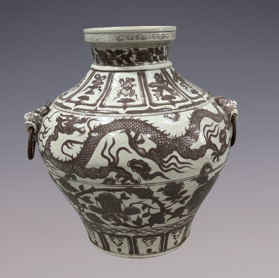An Exquisite Blue and White Underglaze-Red Eight Treasures Pattern Dragon Pattern Lotus Pattern: An Exquisite Blue and White Underglaze-Red Eight Treasures Pattern Dragon Pattern Lotus Pattern Double-Ears Jar Yuan Dynasty, China Size:36.5cm (The Dimensions Of All Batches Are Manually Measured.If 