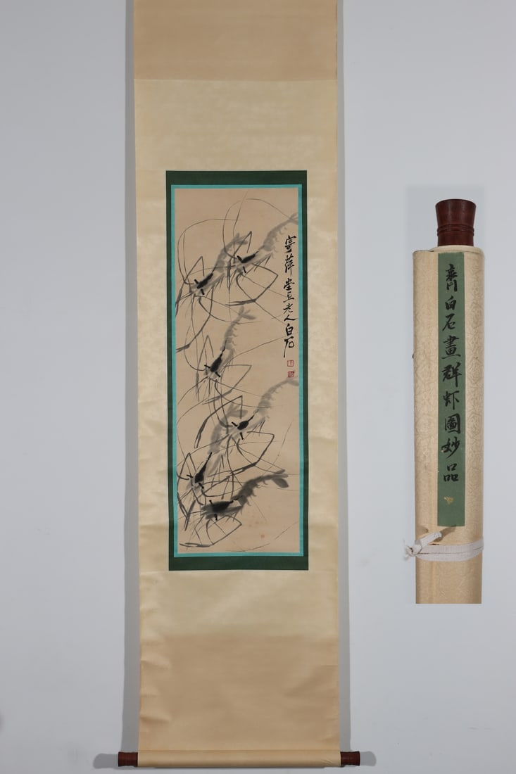 A Chinese Vertical Scroll Ink Painting of Shrimp on Paper: A Chinese Vertical Scroll Ink Painting of Shrimp on Paper Qi baishi Without frame Size:88cmx30cm (The Dimensions Of All Batches Are Manually Measured.If You Need More Detailed Information, Please