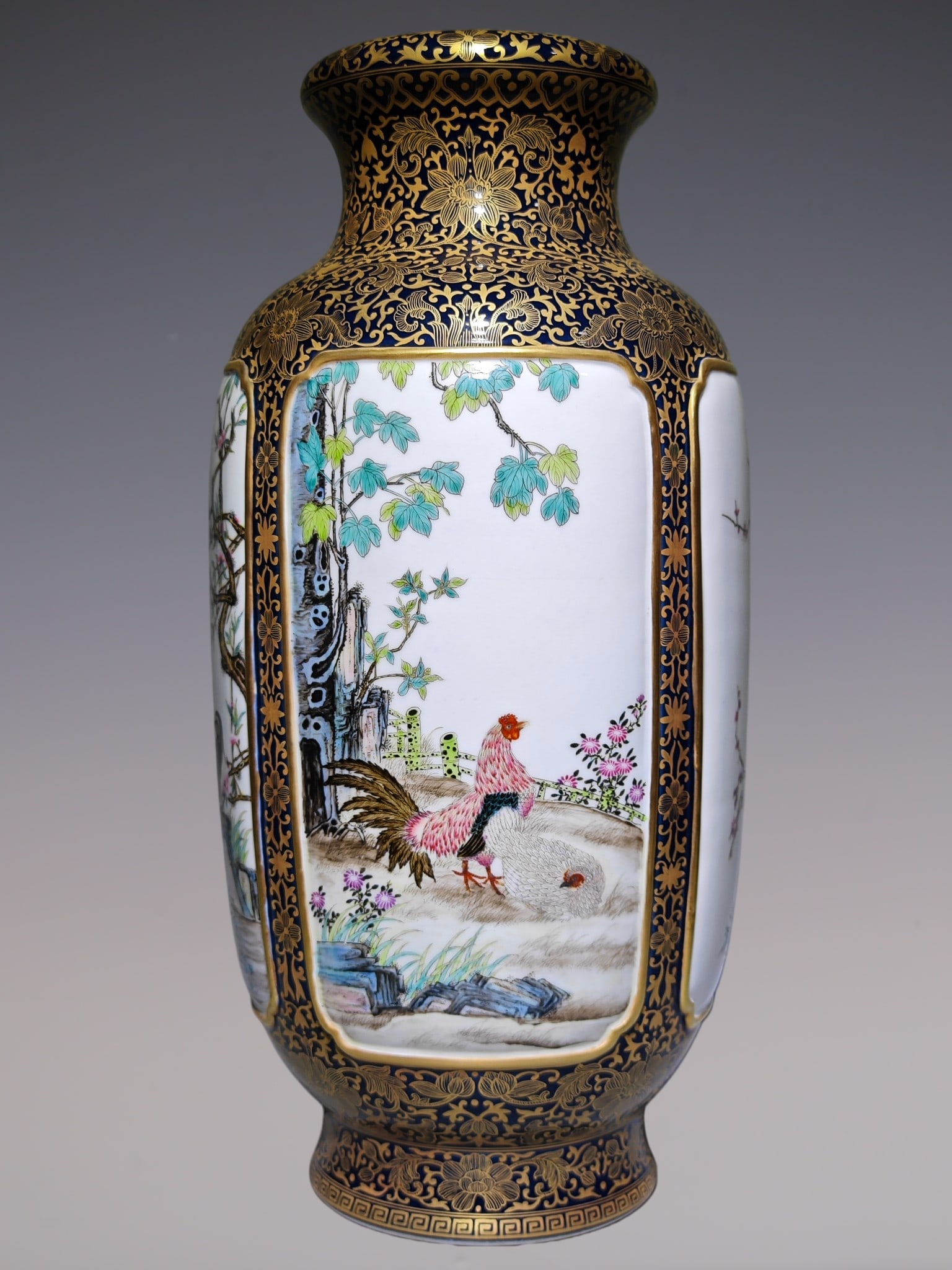 An Exquisite Ji Blue Glazed Painted Gold Lotus Pattern Flower and Bird Pattern Vase: An Exquisite Ji Blue Glazed Painted Gold Lotus Pattern Flower and Bird Pattern Vase Qing Dynasty, China Qianlong Four-character Mark Size:42.3cmx22cm (The Dimensions Of All Batches Are Manually