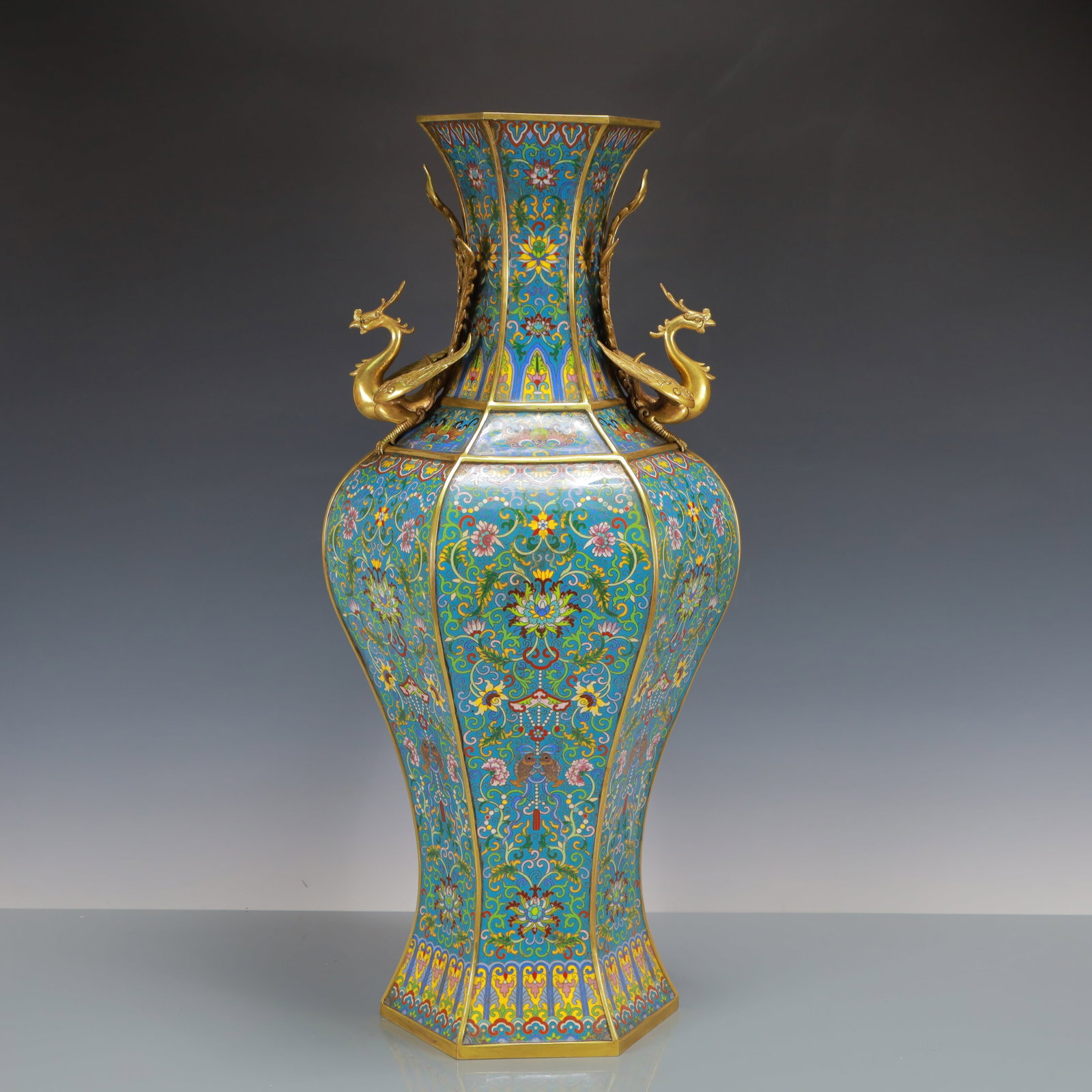 A Huge Cloisonne Lotus Pattern Phoenix-Ears Vase: A Huge Cloisonne Lotus Pattern Phoenix-Ears Vase Qing Dynasty China Qianlong Four-character Mark Size:30cmx68cm Weight:15950g (The Dimensions Of All Batches Are Manually Measured.If You Need More