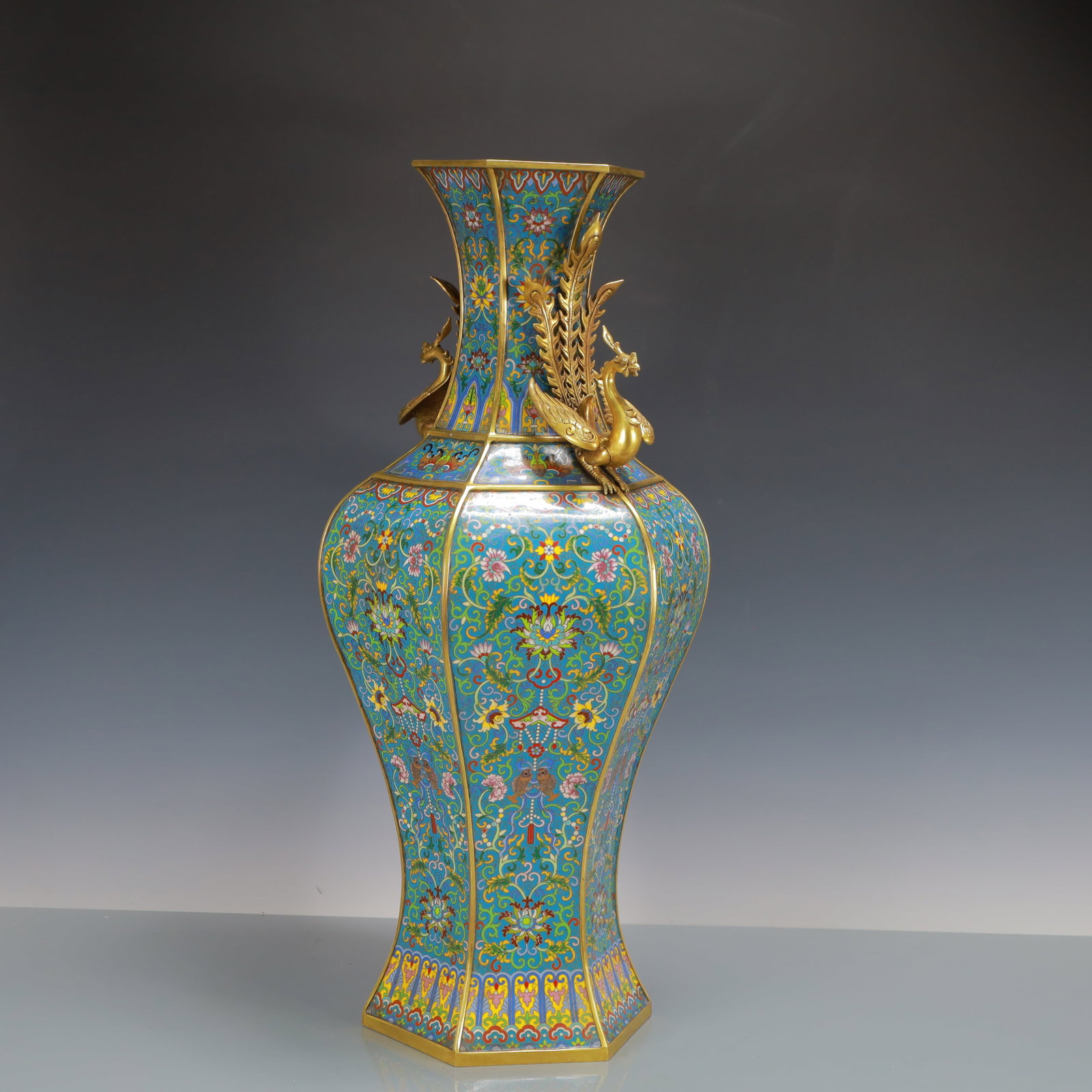 A Huge Cloisonne Lotus Pattern Phoenix-Ears Vase - 4