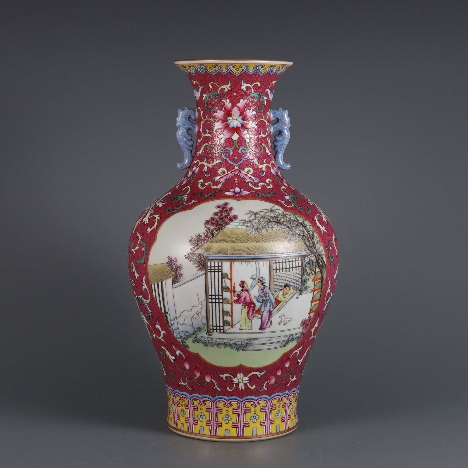 An Exquisite Famille-Rose Ruby Red-Glazed Lotus Pattern Character and Story Pattern Double-Ears Vase (1 of 9)