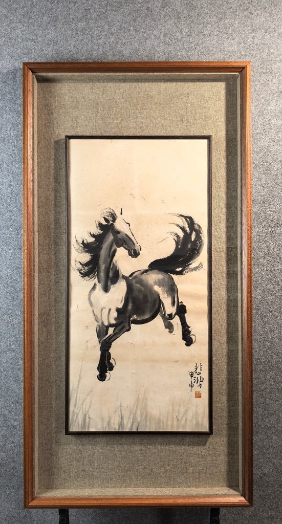 A Chinese Ink Painting of Horse on Paper With Frame: A Chinese Ink Painting of Horse on Paper With Frame Xu beihong Without frame Size:34cmx70cm (The Dimensions Of All Batches Are Manually Measured.If You Need More Detailed Information, Please Contact