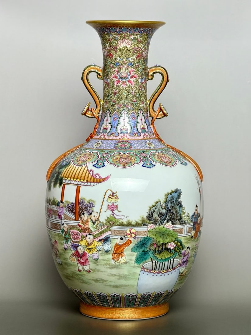 An Exquisite Famille-Rose Painted Gold Lotus Pattern Character and Story Pattern Double-Ears Vase: An Exquisite Famille-Rose Painted Gold Lotus Pattern Character and Story Pattern Double-Ears Vase Qing Dynasty, China Qianlong Four-character Mark Size:46cmx25cm (The Dimensions Of All Batches Are