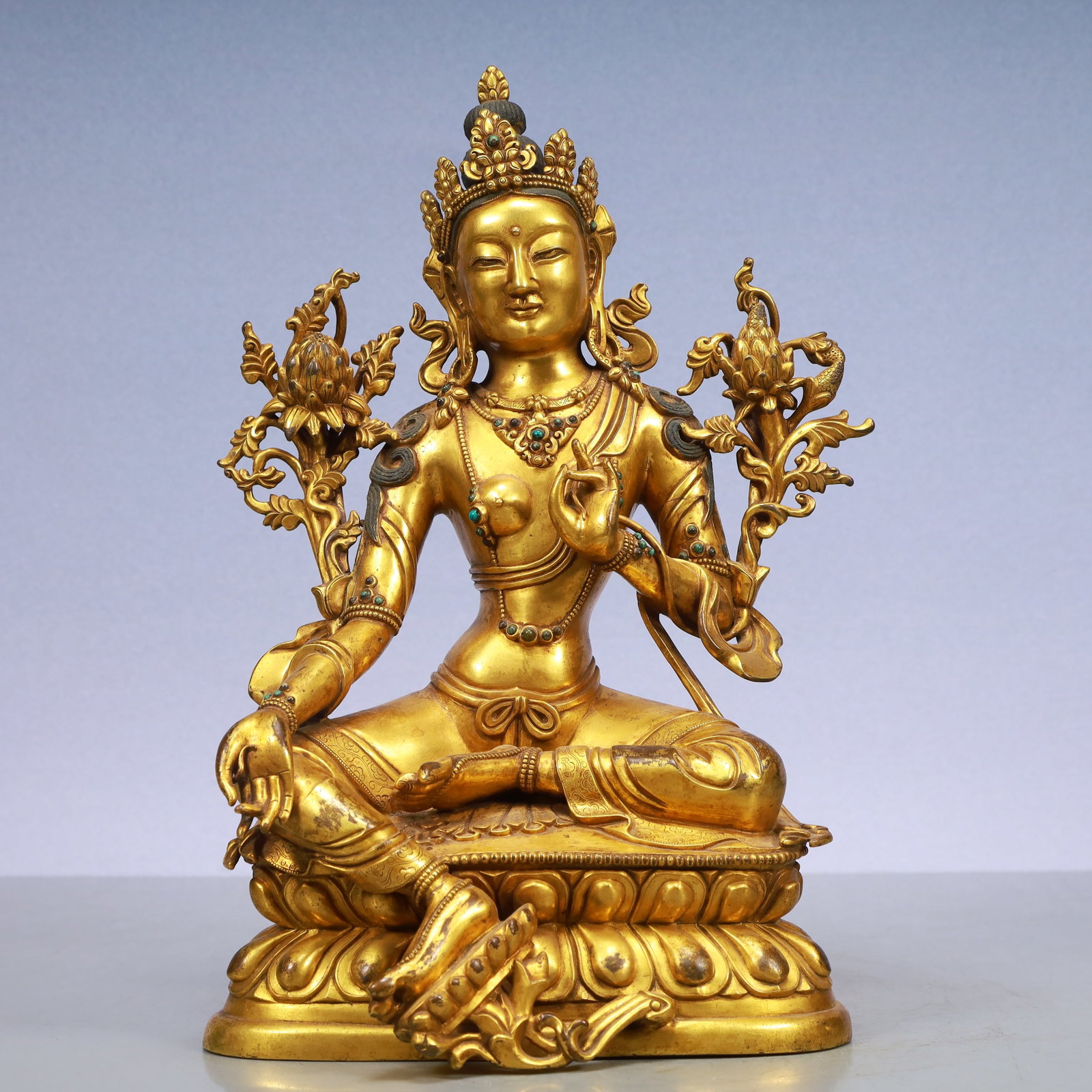An Exquisite Gilt Bronze Inlaid Gems Statue of Avalokitesvara (1 of 9)