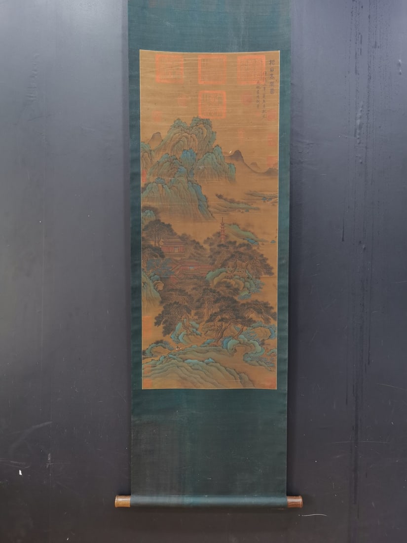 A Chinese Vertical Scroll Ink Painting of Landscape on Silk: A Chinese Vertical Scroll Ink Painting of Landscape on Silk Li sixun Size:103cmx42cm (The Dimensions Of All Batches Are Manually Measured.If You Need More Detailed Information, Please Contact Our