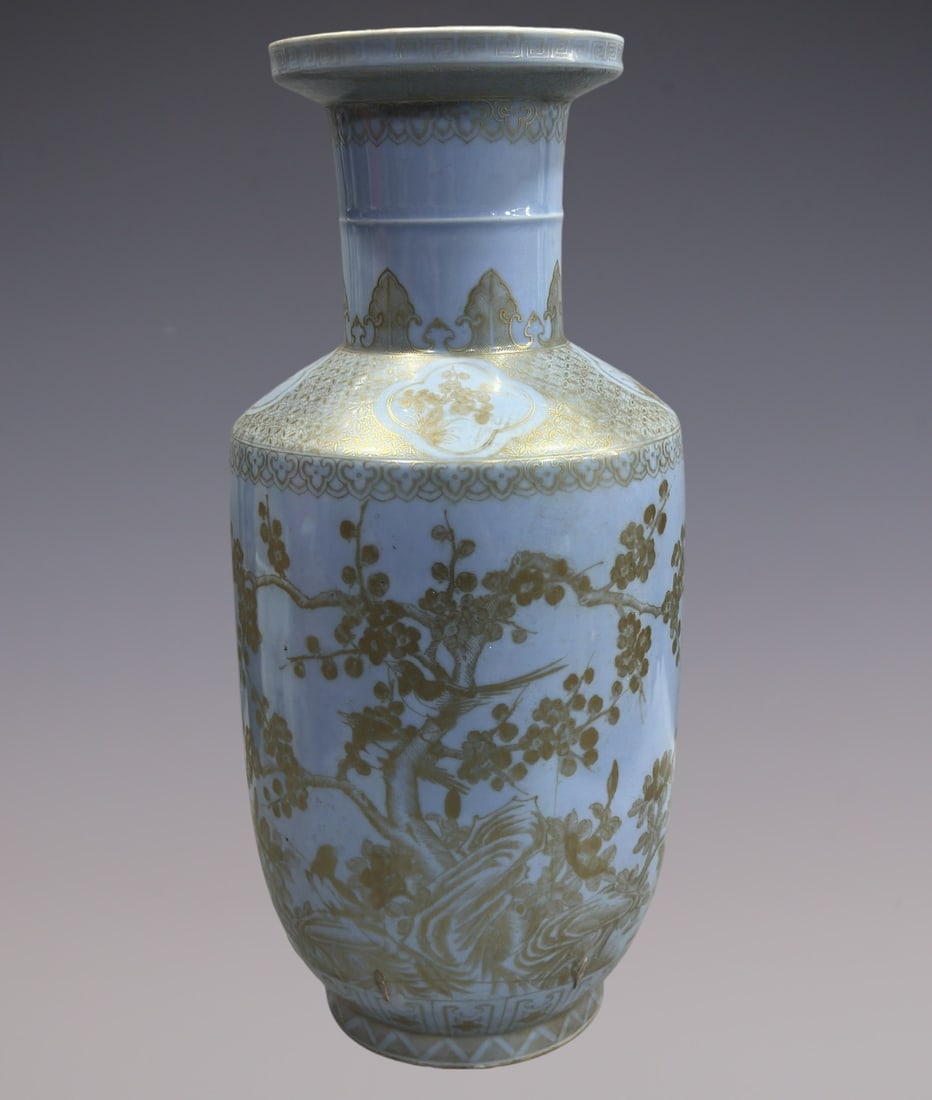An Exquisite Sky Blue Glazed Painted Gold Flower and Bird Pattern with poem Vase: An Exquisite Sky Blue Glazed Painted Gold Flower and Bird Pattern with poem Vase Qing Dynasty, China Jiaqing Six-character Mark Size:52cm (The Dimensions Of All Batches Are Manually Measured.If You