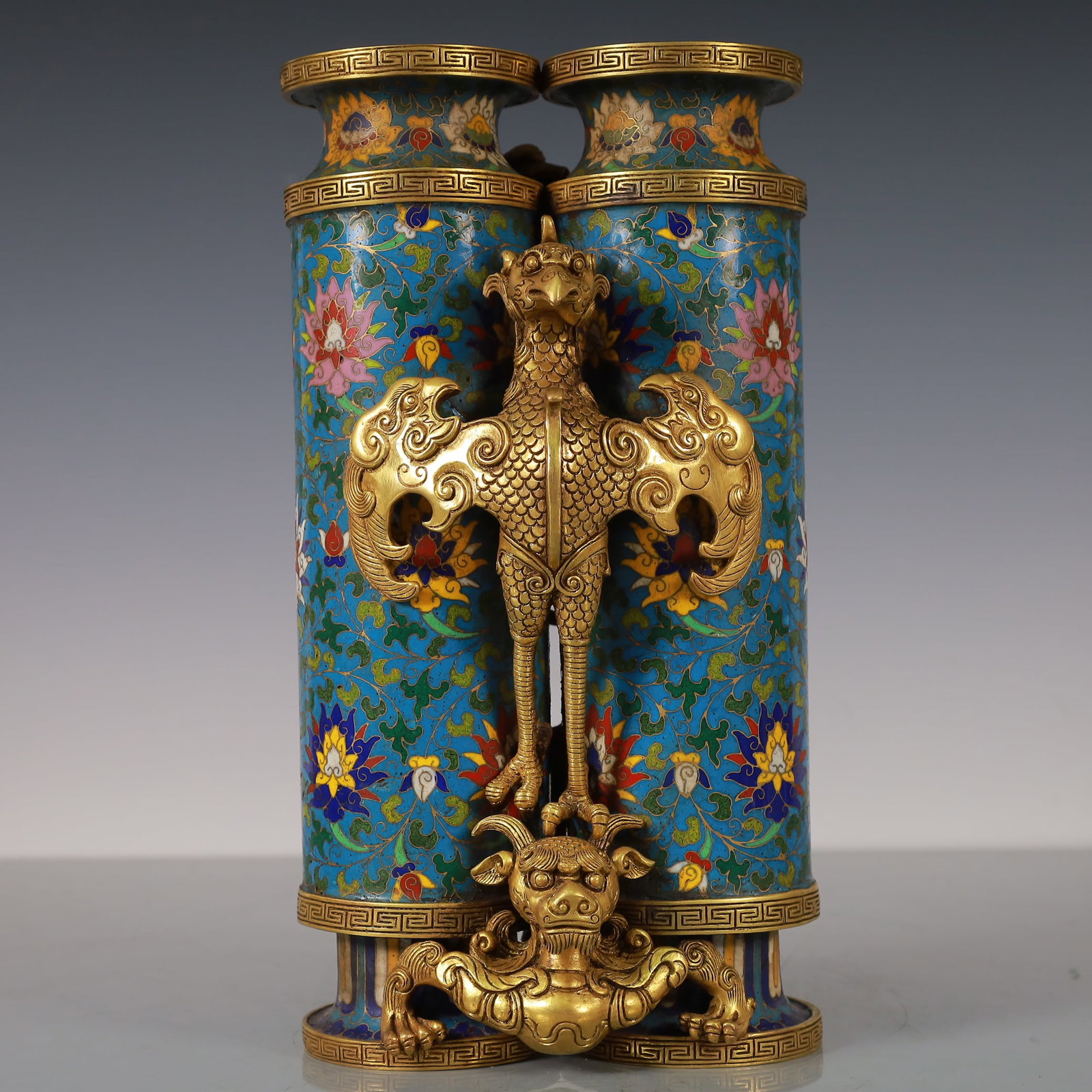 An Exquisite Cloisonne Gilt Bronze Lotus Pattern Dragon and Phoenix Pattern Vase: An Exquisite Cloisonne Gilt Bronze Lotus Pattern Dragon and Phoenix Pattern Vase Qing Dynasty, China Size:15cmx12cmx28cm Weight:5850g (The Dimensions Of All Batches Are Manually Measured.If You Need M