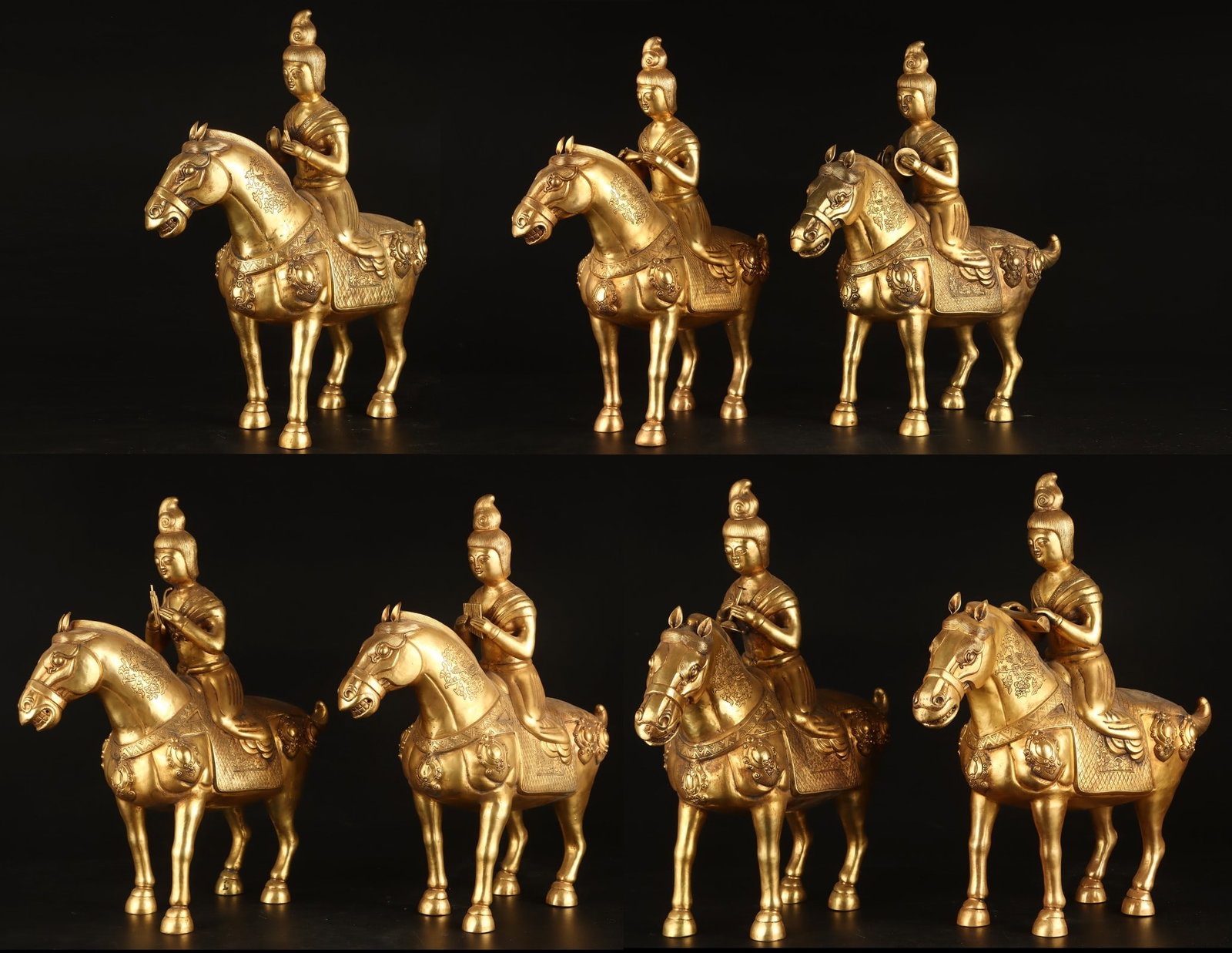 A Set of Fine Gilt Bronze Figure Riding Horse Ornament: A Set of Fine Gilt Bronze Figure Riding Horse Ornament Tang Dynasty, China Size: 40cmx37cm Weight:2700g (The Dimensions Of All Batches Are Manually Measured.If You Need More Detailed Information,