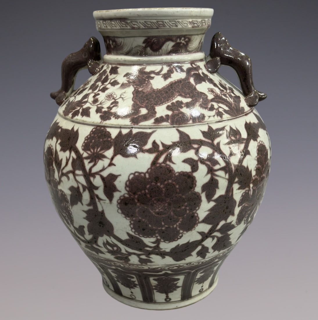 An Exquisite Blue and White Underglaze-Red Lotus Pattern Kylin Pattern Double-Ears Jar: An Exquisite Blue and White Underglaze-Red Lotus Pattern Kylin Pattern Double-Ears Jar Yuan Dynasty, China Size:39cm (The Dimensions Of All Batches Are Manually Measured.If You Need More Detailed