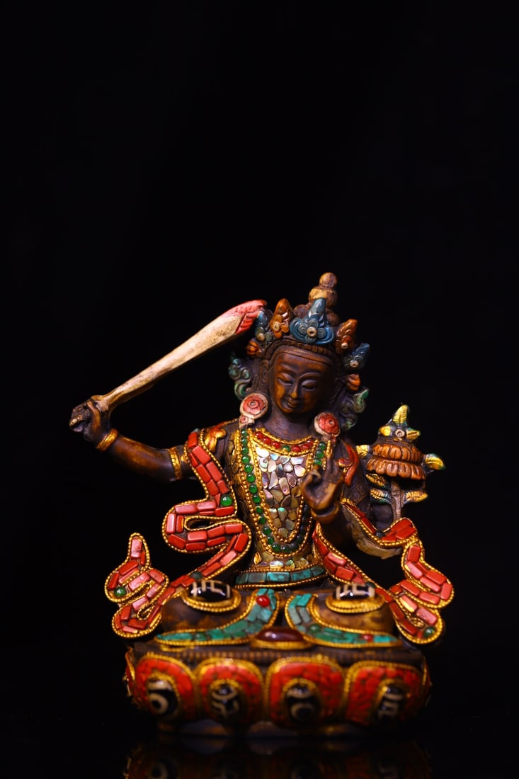 An Exquisite Yak bone Inlaid Gems Dzi Bead Statue of Manjusri (1 of 9)