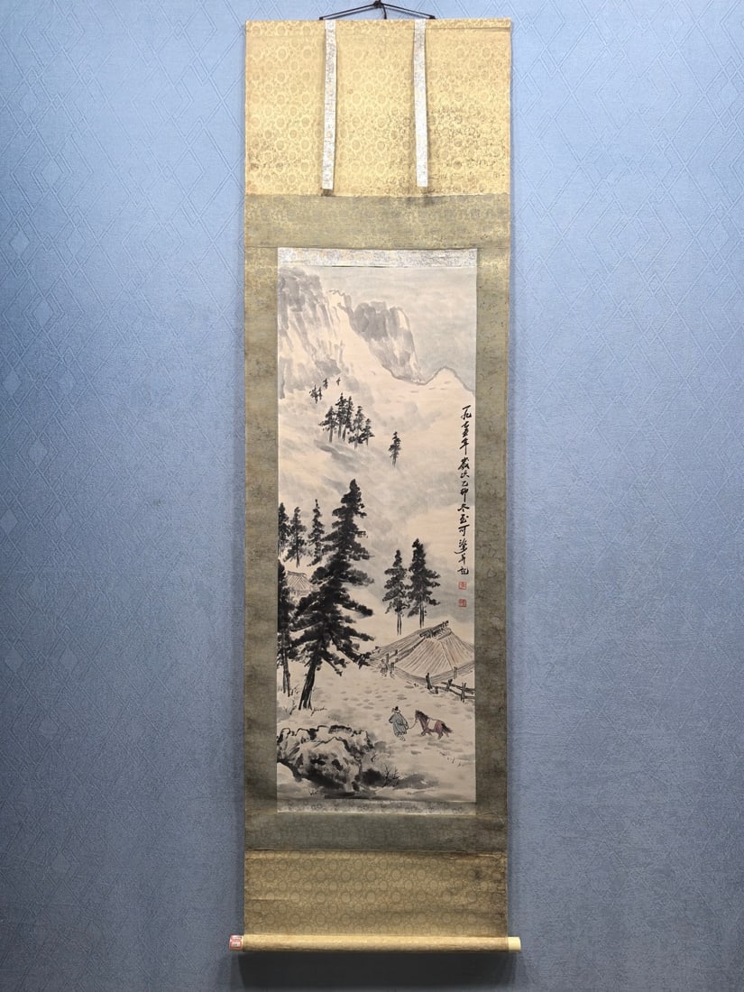 A Chinese Vertical Scroll Ink Painting of Landscape and Figure on Paper: A Chinese Vertical Scroll Ink Painting of Landscape and Figure on Paper Li keran Without frame Size:38cmx104cm (The Dimensions Of All Batches Are Manually Measured.If You Need More Detailed