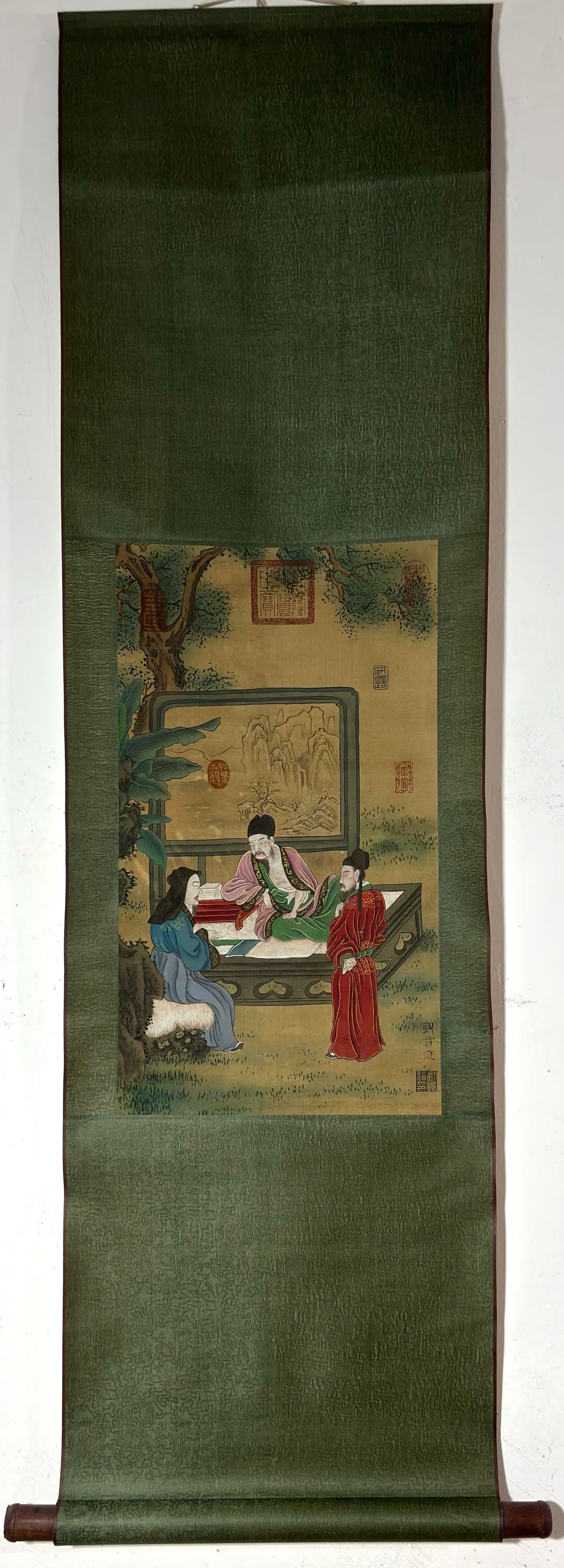 A Chinese Vertical Scroll Ink Painting of Character and Story on Silk: A Chinese Vertical Scroll Ink Painting of Character and Story on Silk Liu guandao Without frame Size:58cmx33cm (The Dimensions Of All Batches Are Manually Measured.If You Need More Detailed