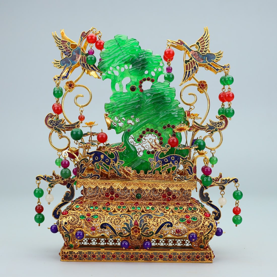 An Exquisite Gilt Bronze Inlaid Jadeite Flower and Bird Pattern Ornament: An Exquisite Gilt Bronze Inlaid Jadeite Flower and Bird Pattern Ornament Qing Dynasty, China Qianlong Four-character Mark Size:23cmx20cm Weight:670g (The Dimensions Of All Batches Are Manually