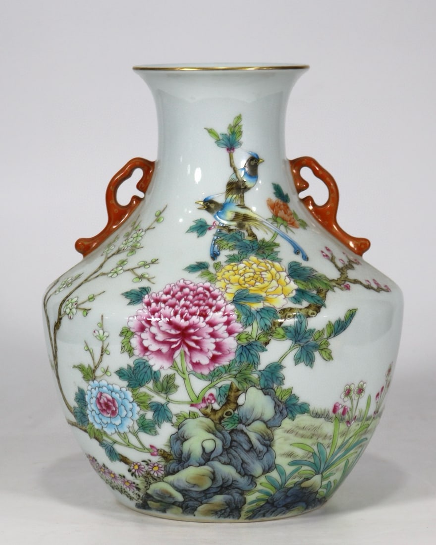 An Exquisite Famille-Rose Flower and Bird Pattern with poem Double-Ears Vase: An Exquisite Famille-Rose Flower and Bird Pattern with poem Double-Ears Vase Qing Dynasty, China Qianlong Six-character Mark Size:25.8cmx20cm (The Dimensions Of All Batches Are Manually Measured.If Yo