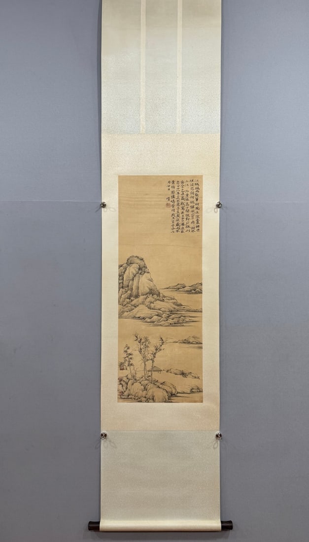A Chinese Vertical Scroll Ink Painting of Landscape on Silk: A Chinese Vertical Scroll Ink Painting of Landscape on Silk Ni zan Without frame Size:37cmx100cm (The Dimensions Of All Batches Are Manually Measured.If You Need More Detailed Information, Please Cont
