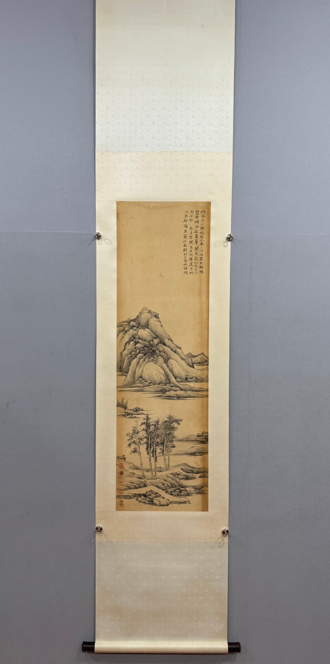 A Chinese Vertical Scroll Ink Painting of Landscape on Silk: A Chinese Vertical Scroll Ink Painting of Landscape on Silk Ni zan Without frame Size:36cmx118cm (The Dimensions Of All Batches Are Manually Measured.If You Need More Detailed Information, Please Cont