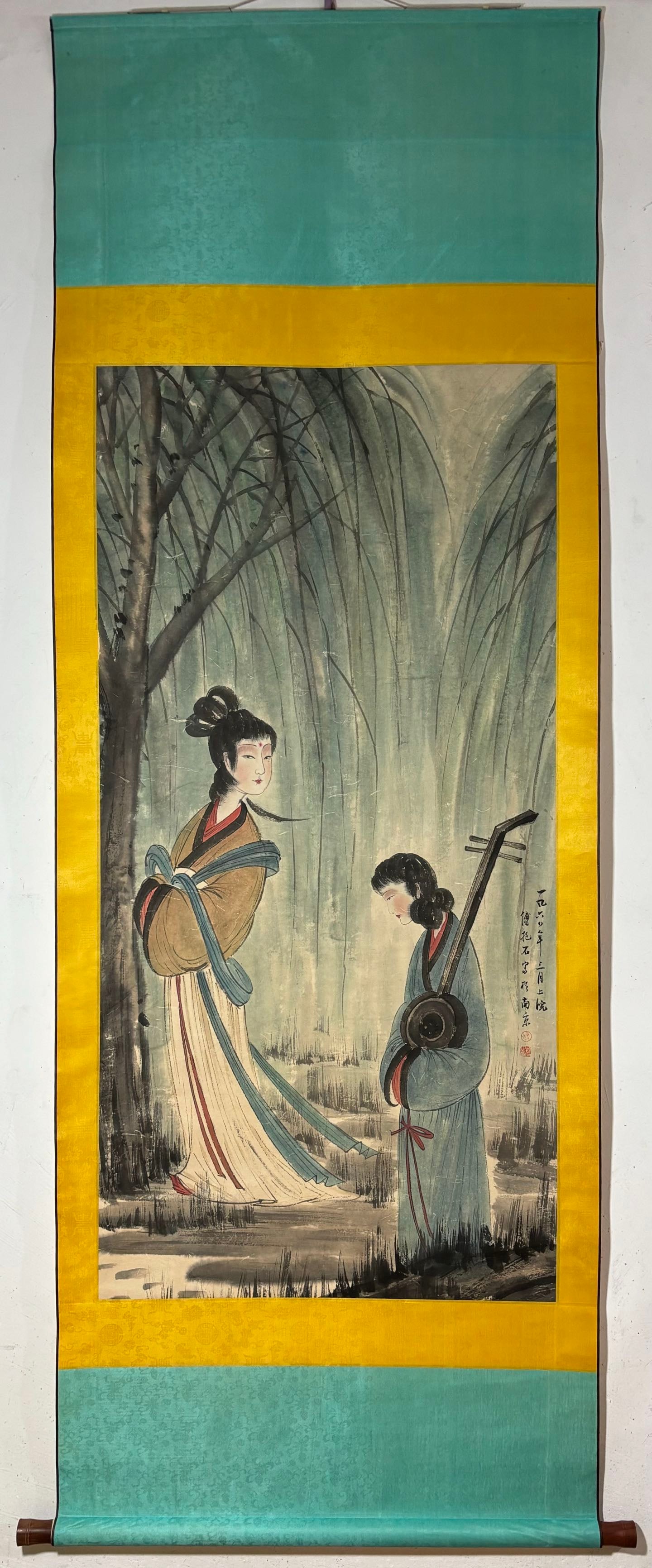 A Chinese Vertical Scroll Ink Painting of Woman on Paper: A Chinese Vertical Scroll Ink Painting of Woman on Paper Fu baoshi Without frame Size:136.5cmx67cm (The Dimensions Of All Batches Are Manually Measured.If You Need More Detailed Information, Please