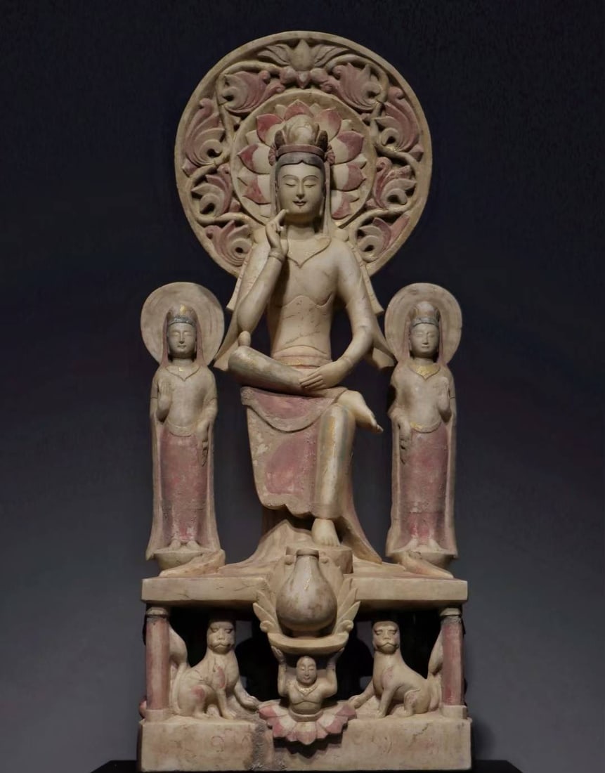 An Exquisite Marble Painted Color Statue of Bodhisattva: An Exquisite Marble Painted Color Statue of Bodhisattva N.Qi , China Size:43cmx20cmx18cm (The Dimensions Of All Batches Are Manually Measured.If You Need More Detailed Information, Please Contact Our