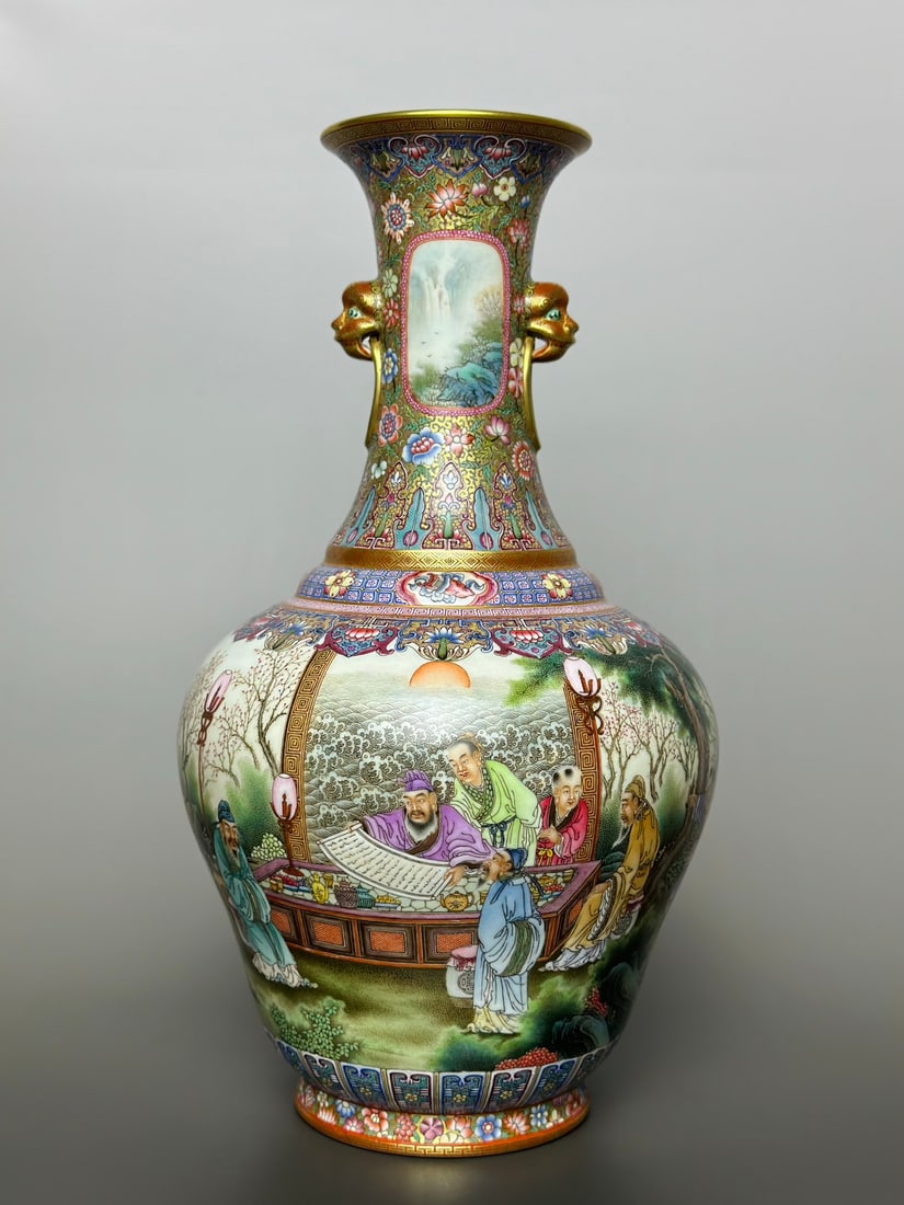 An Exquisite Famille-Rose Flower Pattern Character and Story Pattern with poem Double-Ears Vase: An Exquisite Famille-Rose Flower Pattern Character and Story Pattern with poem Double-Ears Vase Qing Dynasty, China Qianlong Four-character Mark Size:34.2cmx18.5cm (The Dimensions Of All Batches Are