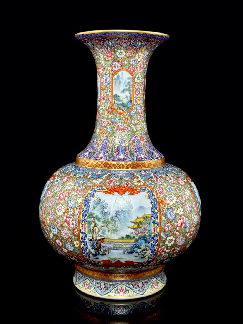 An Exquisite Enamel Flower Pattern Landscape Pattern Vase: An Exquisite Enamel Flower Pattern Landscape Pattern Vase Qing Dynasty, China Qianlong Four-character Mark Size:31.8cmx21cm (The Dimensions Of All Batches Are Manually Measured.If You Need More