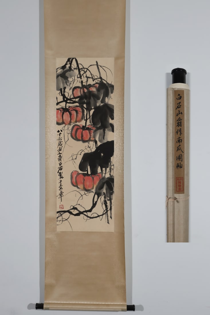 A Chinese Vertical Scroll Ink Painting of Melon and Fruit on Paper: A Chinese Vertical Scroll Ink Painting of Melon and Fruit on Paper Qi baishi Without frame Size:99.5cmx33.5cm (The Dimensions Of All Batches Are Manually Measured.If You Need More Detailed Information