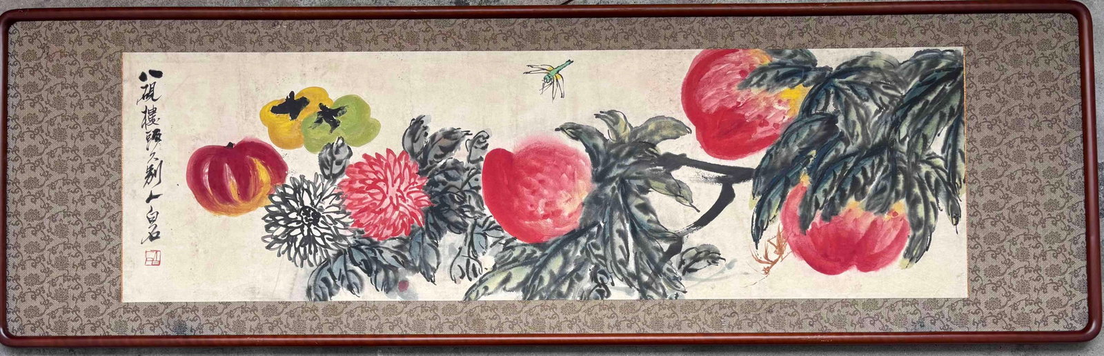 A Chinese Ink Painting of Flower and Fruit on Paper With Frame: A Chinese Ink Painting of Flower and Fruit on Paper With Frame Qi baishi Size:35cmx117cm (The Dimensions Of All Batches Are Manually Measured.If You Need More Detailed Information, Please Contact Our