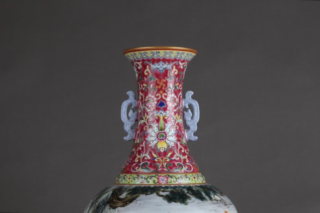 A Qingqilong rouge red ground famille rose double vase featuring poetry and prose of Fushan and - 7