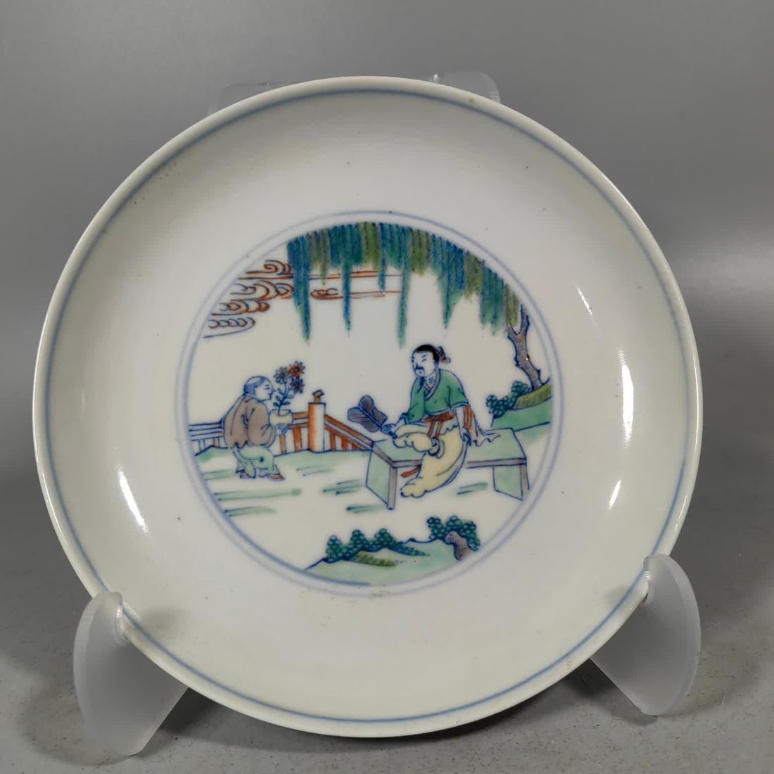 A Qing Dynasty Doucai figure plate: Qing Dynasty Doucai Figure Plate SIZE: H:3.2cm W:16.8cm (The Dimensions Of All Batches Are Manually Measured.If You Need More Detailed Information, Please Contact Our Customer Service Before Bidding.)