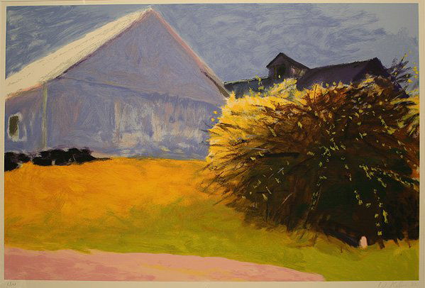 Wolf Kahn Screenprint "Barn & Forsythia III": Wolf Kahn Screenprint. "Barn and Forsythia III". #6/108, 2003. 35 colors. 34 1/2" x 44 1/2".