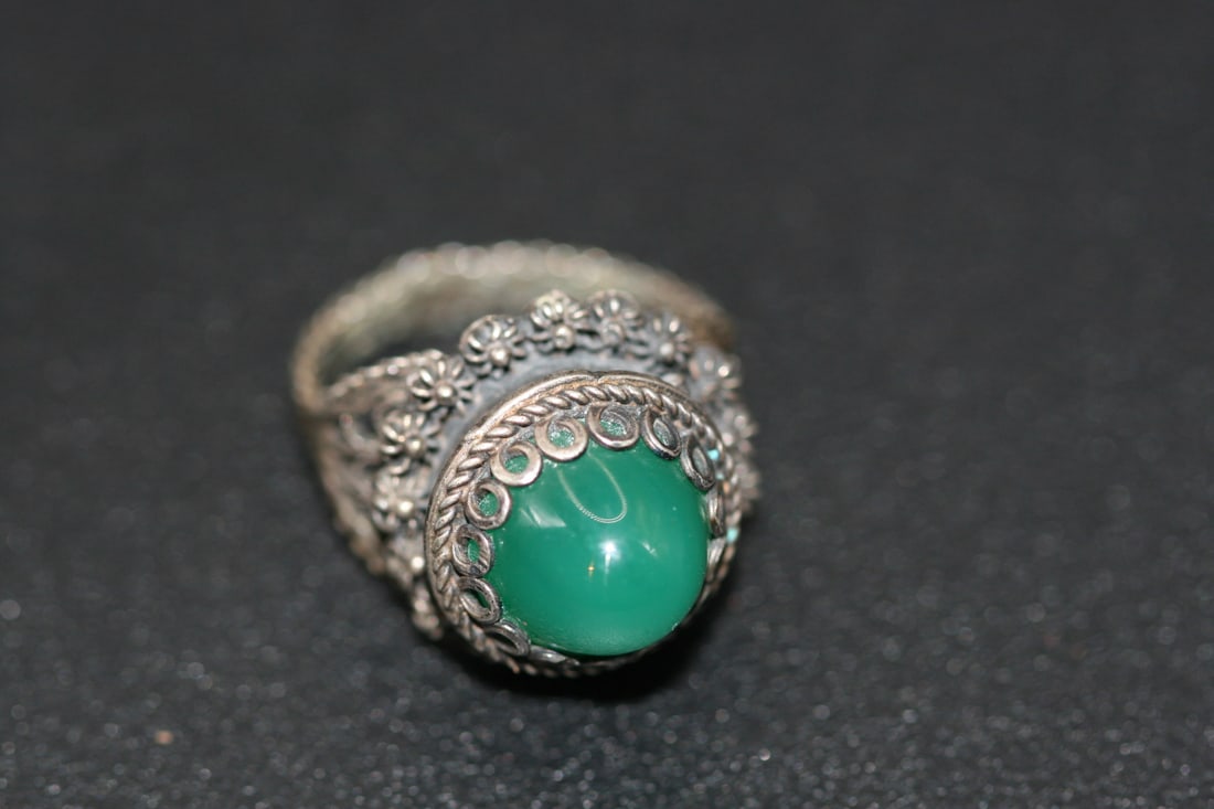 Sterling Cannetille Poison Ring Jadeite Glass Filigree Vintage Ring Size 7.5 .lot#72 (1 of 5)