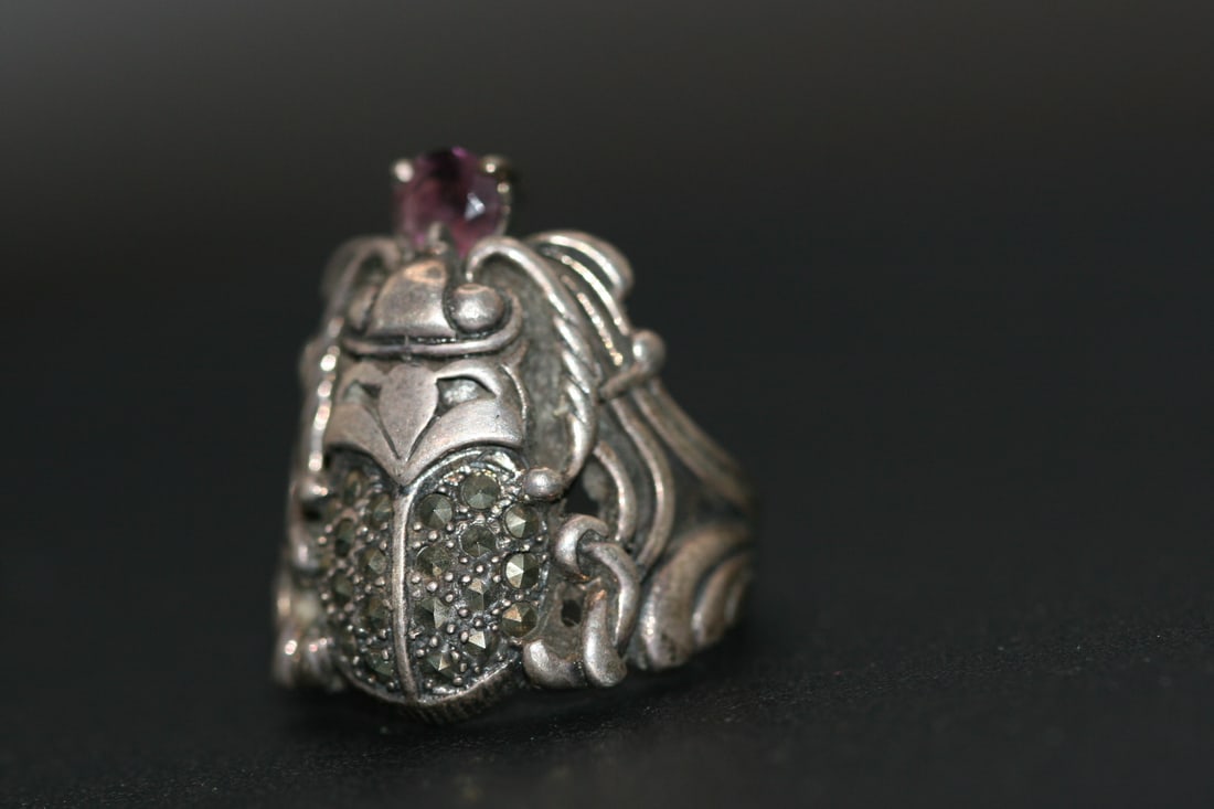 scarab sterling silver 925 Marcasite Amethyst Ring Heavy vintage size 6.5  .lot#115 (1 of 4)