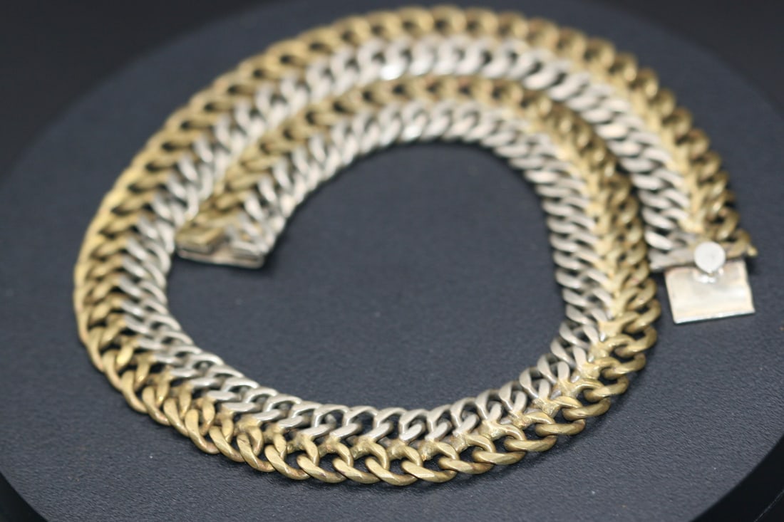 Mexico Two Tone Thick Choker Signed .lot#169: Mexico Two Tone Thick Heavy Choker Signed Mexico on the clasp. Measures 15" long x 5/8" has a brass tone and silvertone