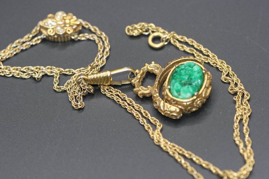 Watch Chain Jadeite Carved Seed Pearl Vintage Slide .Lot#61: Watch Chain Jadeite Carved Seed Pearl Vintage Slide