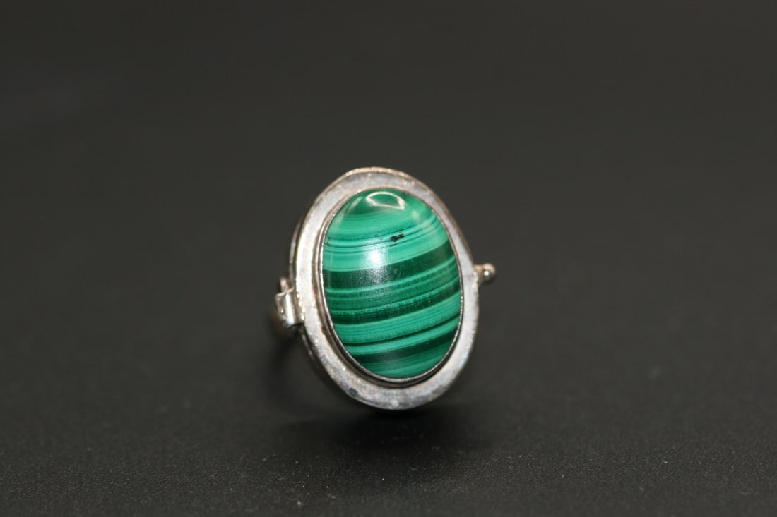 Malachite Poison Ring Sterling Silver 925 Vintage Size 7 .Lot#63 (1 of 7)