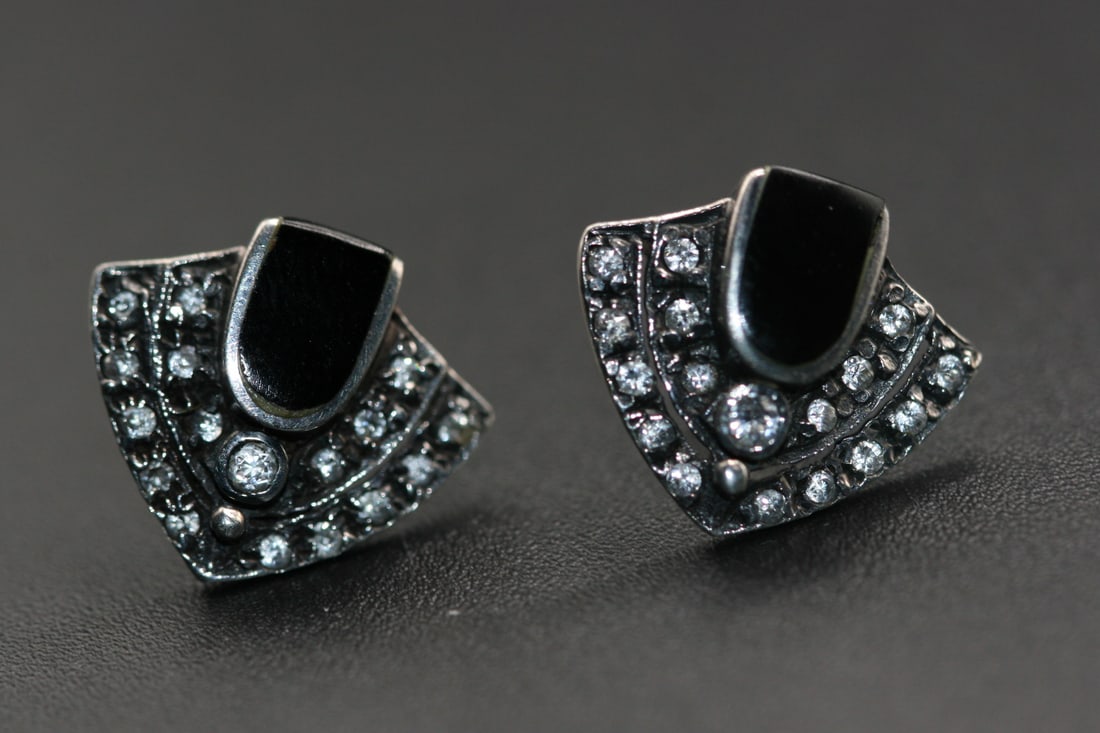 Paste Onyx Rhinestone Pierced earrings .Lot#79: Paste Onyx Rhinestone Pierced earrings butterfly backings signed 925 sterling silver measures 3/4" x 5/8"