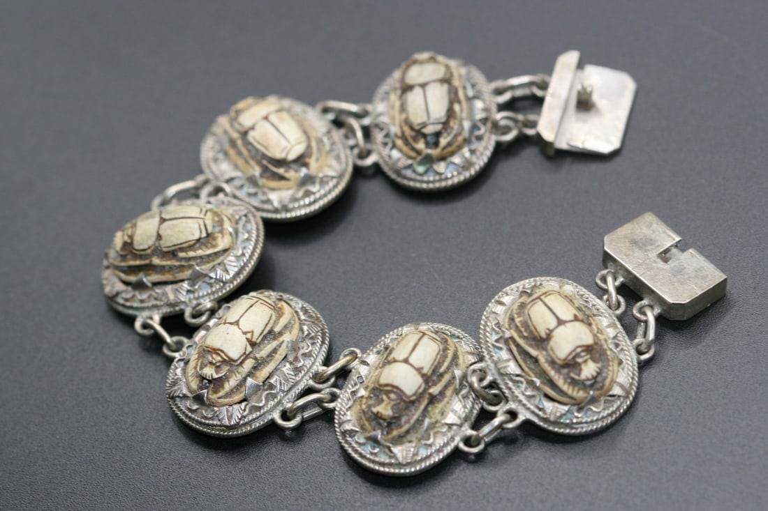 Magnificent Stone Scarab Sterling Link Vintage 925 Silver Bracelet Handmade   .Lot#92 (1 of 6)