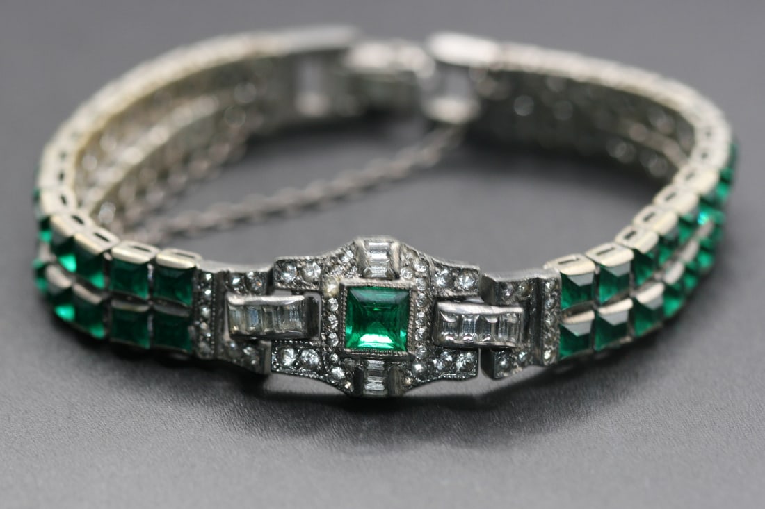 Emerald Square Rhinestone Deco 1920 Superb Potmetal Paste Vintage Bracelet   .Lot#190 (1 of 5)