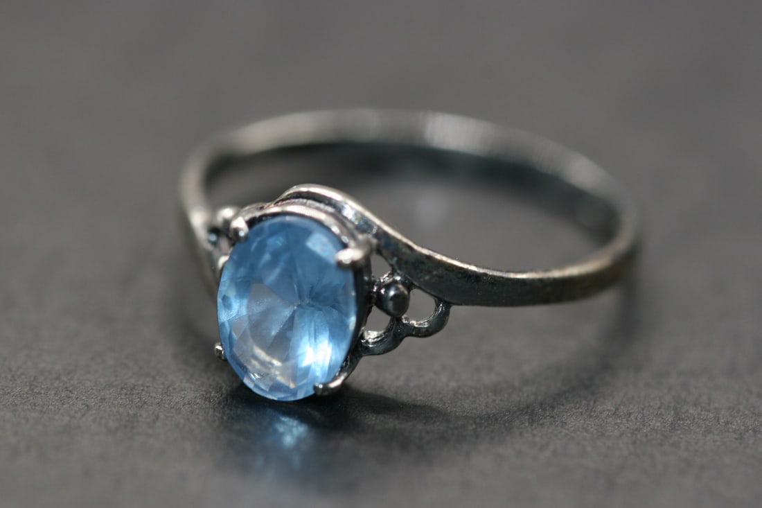 Sterling Silver 925 Aquamarine Blue Rhinestone March Birthstone CZ Ring Size 8.5     .Lot#239 (1 of 2)