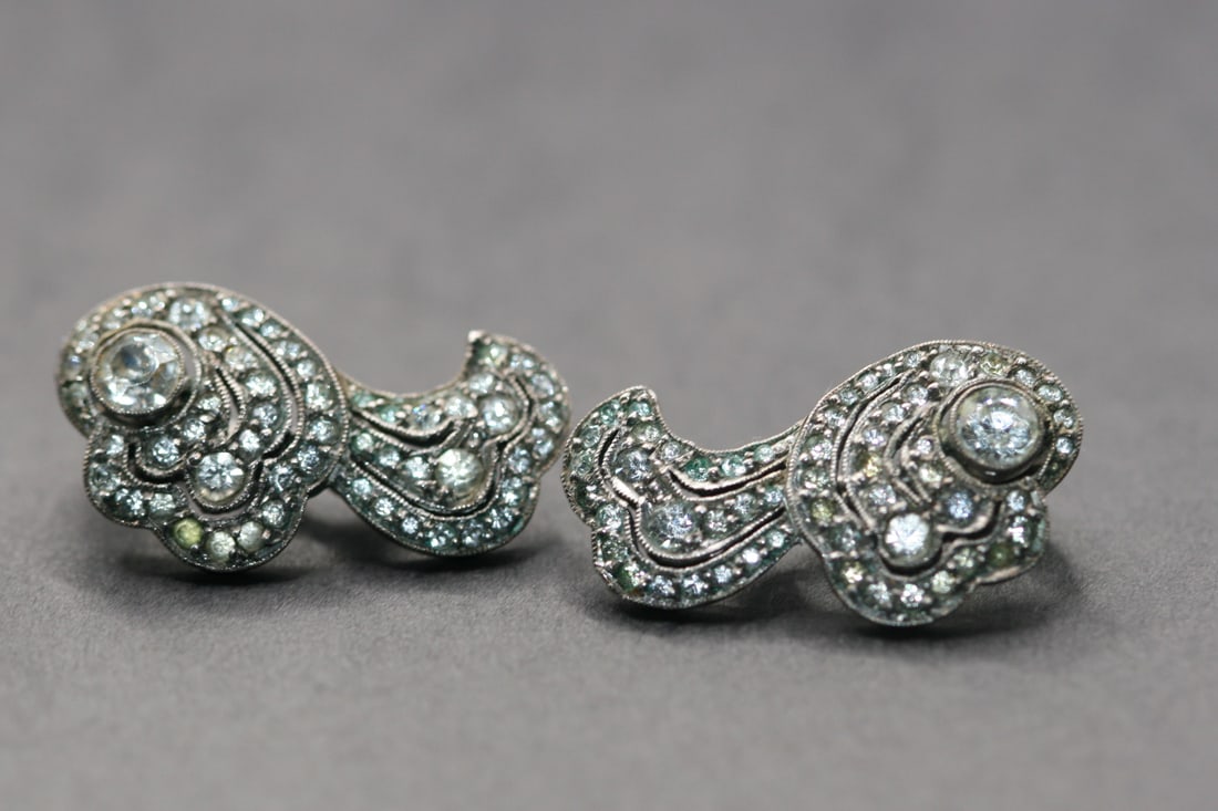 SCP England Vintage Paste Clip Earrings .Lot#255: SCP England Vintage Paste Clip Earrings looks like sterling but untested clip backs work well and they are exceptional quality Signed SCP and England measures 1" x 1/2"