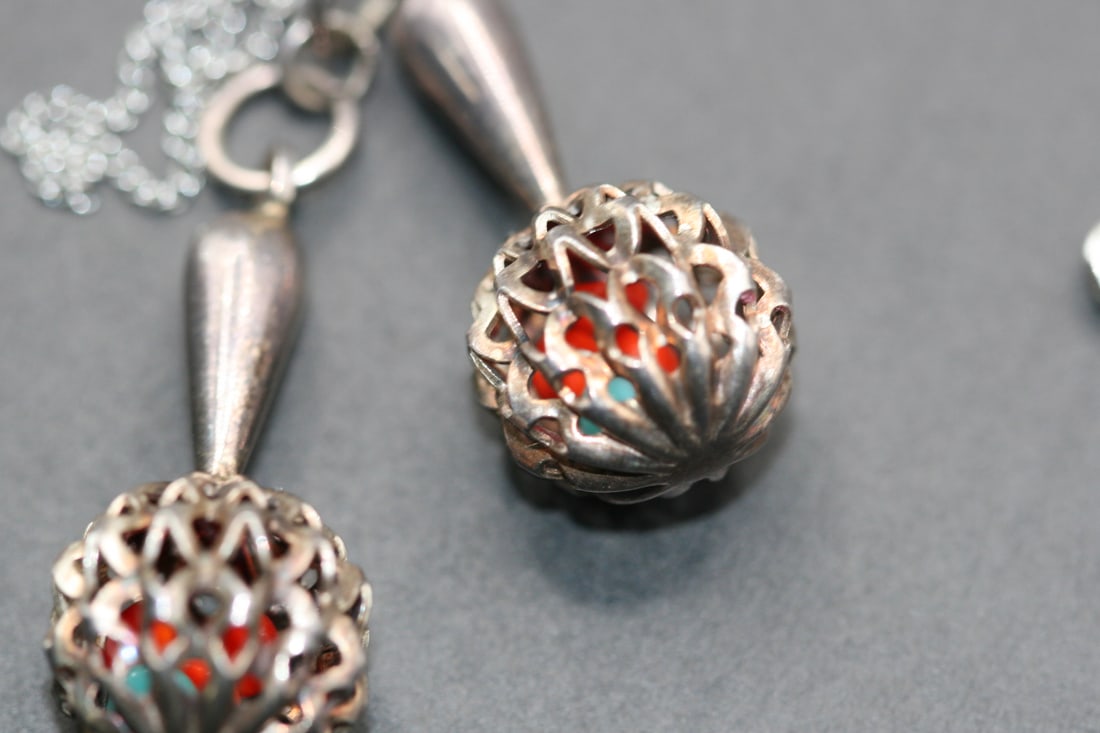 Modernist Sterling Coral Turquoise Ball Cage Necklace Pendant on chain Silver 925 .Lot#311 (1 of 5)