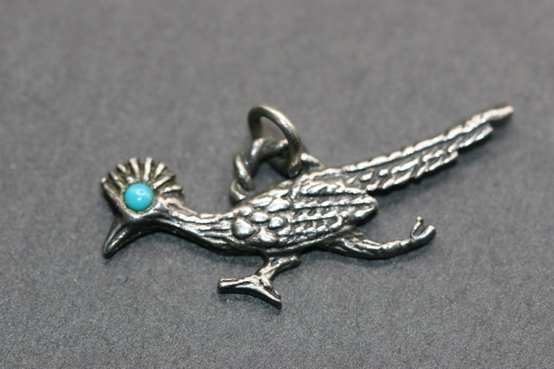 Sterling Roadrunner signed sterling silver 925 Charm Pendant Turquoise   .Lot#313 (1 of 2)