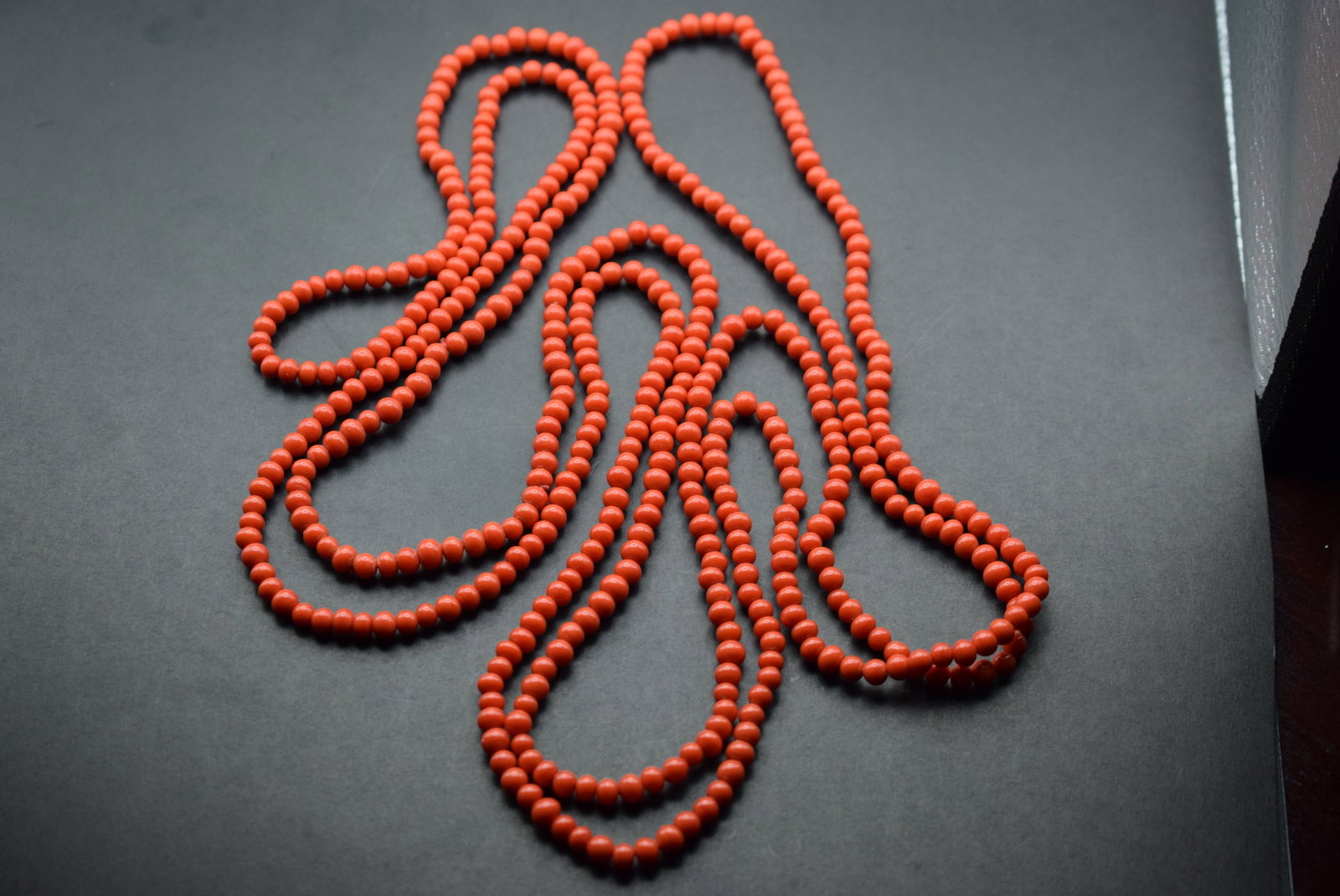 Flapper Coral Necklace 74" long Coraline Glass vintage Lot 342: Flapper Coral Necklace 74" long Coraline Glass vintage beads measure 4mm one endless strand with no claps that you can wrap