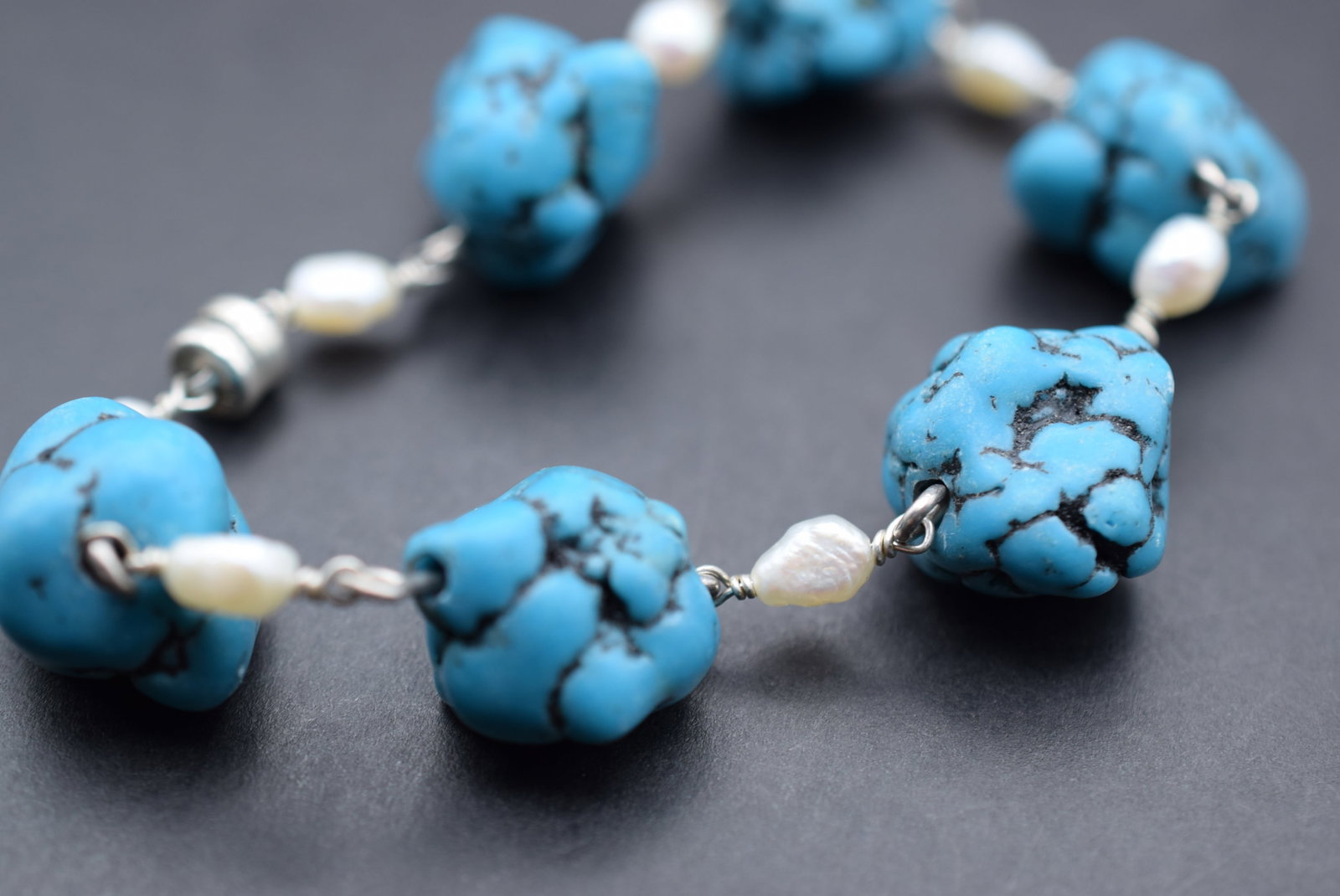 Turquoise Chunky Nuggets with Freshwater Pearls Bracelet Lot 551: Turquoise Chunky Nuggets with Freshwater Pearls Bracelet Magnetic Clasp Measures 8" long