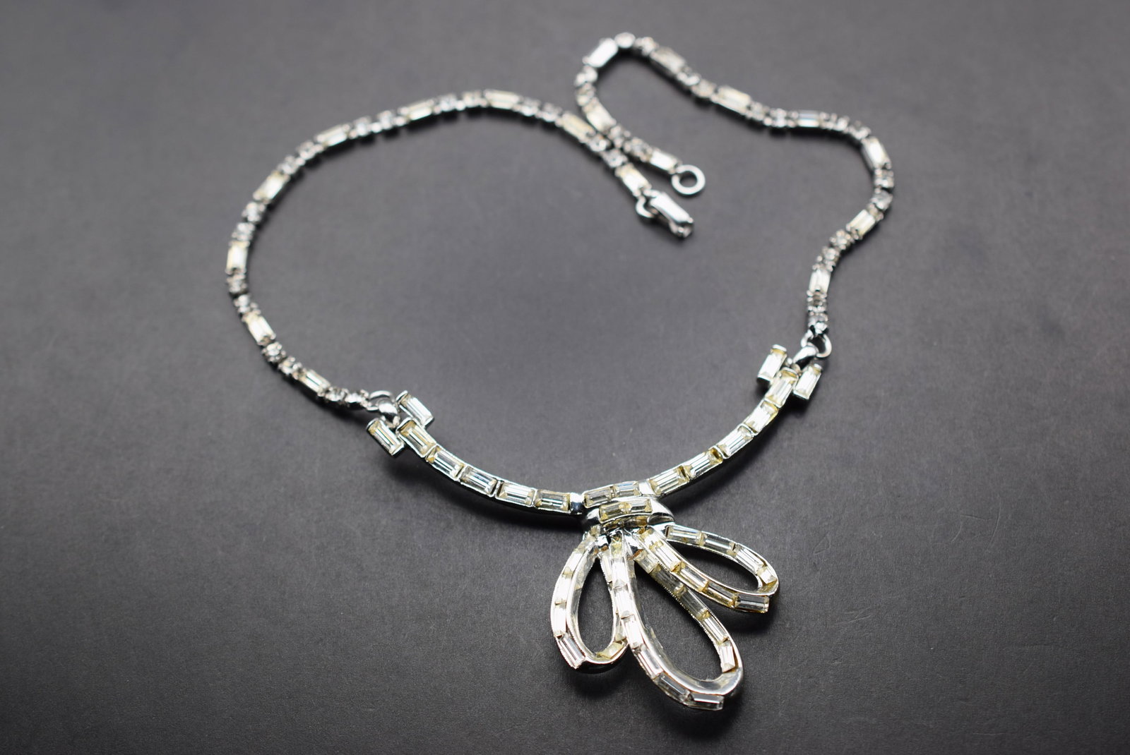 Rhinestone Baguette 1950's Necklace Vintage Lot 840: Rhinestone Baguette 1950's Necklace Vintage measures 14 1/2" long by front drop of 2 1/2"